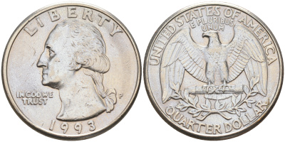 США 25 центов (квотер) 1993 P, Вашингтон KM A164a медь плакированная медно-никелем 190-415