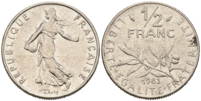ФРАНЦИЯ 1/2 ФРАНКА 1983 СЕЯТЕЛЬ КМ 931, LE FRANC 198.22 никель 4564-1257