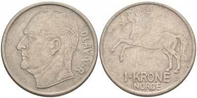НОРВЕГИЯ 1 КРОНА 1961 ОЛАФ V KM 409 медно-никель 3853-1226
