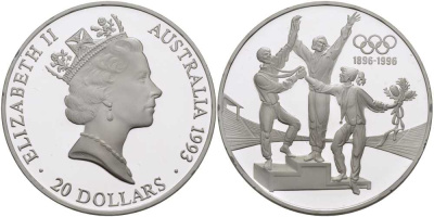 Австралия 20 долларов 1993 Олимпийские игры 1996, пьедестал, 100 лет Олимпийскому движению (1896-1996) KM 218 серебро PROOF 00-00