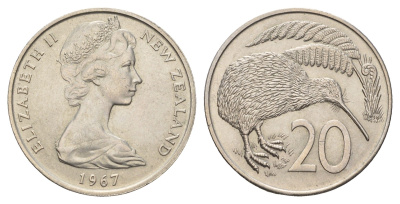 Новая Зеландия 20 центов 1967 Елизавета II (1952-2022), птичка киви KM 36 медно-никель UNC 4671-534