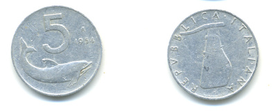 ИТАЛИЯ 5 ЛИР 1954 R, РУЛЬ, ДЕЛЬФИН KM 92 алюминий 86-943