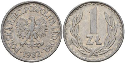 Польша 1 злотый 1982 MW Y 49.1 алюминий 181-1022