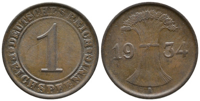 ГЕРМАНИЯ 1 РЕЙХСПФЕННИГ 1934 A KM 37, J. 313 бронза 39-1066
