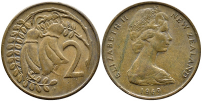 Новая Зеландия 2 цента 1969 Елизавета II (1952-2022), два цветка кохаи KM 32.1 бронза 4391-1113