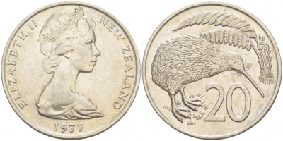 Новая Зеландия 20 центов 1977 Елизавета II (1952-2022), птичка киви KM 36.1 медно-никель UNC 215-143