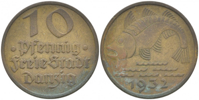 Данциг 10 пфеннигов 1932 рыба J. D 13, KM 152 алюминиевая бронза    68-546