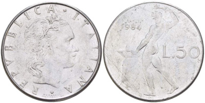 ИТАЛИЯ 50 ЛИР 1984 R, КУЗНЕЦ, ВУЛКАН БОГ ОГНЯ, ДИАМЕТР 25 ММ. KM 95.1 нержавеющая сталь 98-915