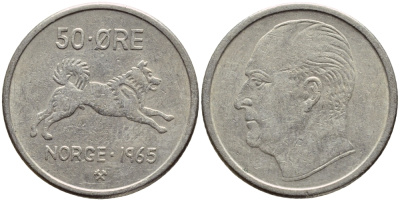 Норвегия 50 эре 1965 Улаф V (1957-1991), собака KM 408 медно-никель 93-447