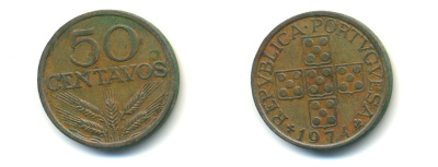 ПОРТУГАЛИЯ 50 СЕНТАВО 1974 KM 596 бронза 80-412