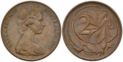 Австралия 2 цента 1975 Елизавета II (1953-), молодой портрерт, плащеносная ящерица KM 63 бронза 4601-747