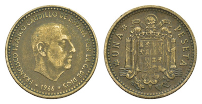 Испания 1 песета 1966 (68) Франсиско Франко (1939 - 1975) KM 796 алюминиевая бронза 4644-947