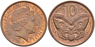 Новая Зеландия 10 центов 2006 Елизавета II (1952-2022), маска маори KM 117а сталь плакированная медью 106-1131