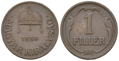 Венгрия 1 филлер 1939 BP, редкий год KM 505 бронза 4115-441