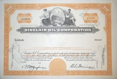 США, SINCLAIR OIL CORPORATION 100 акций 1968 бумага 00-00