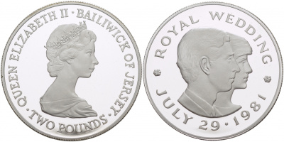 Джерси 2 фунта 1981 королевская свадьба принца Чарльза и леди Дианы Спенсер, 29 июля 1981 года KM 52а серебро PROOF 1081-9-32