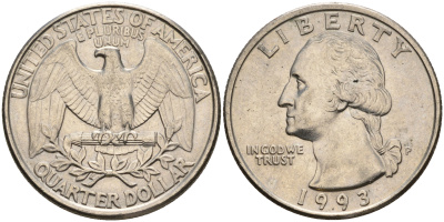 США 25 центов (квотер) 1993 P, Вашингтон KM А164а медь плакированная медно-никелем    4603-952
