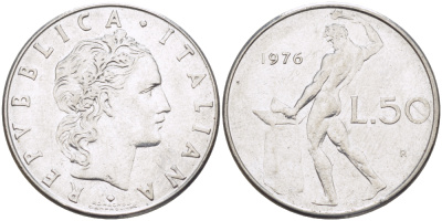 ИТАЛИЯ 50 ЛИР 1976 R, КУЗНЕЦ KM 95.1 нержавеющая сталь 89-712