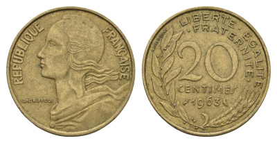 Франция 20 сантимов 1963 KM 930 алюминиевая бронза 3336-837