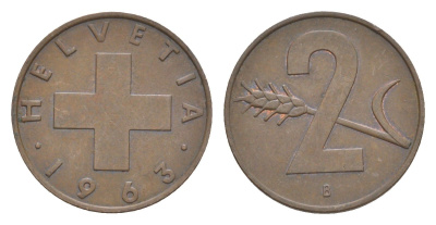 Швейцария 2 раппена 1963 B KM 47 бронза 4630-759