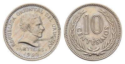 Уругвай 10 сентесимо 1953 KM 35 медно-никель 4116-152