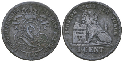 Бельгия 1 сантим 1849 Леопольд I (1831-1865), редкий год KM 1 медь 441-821