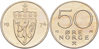 Норвегия 50 эре 1974 Улаф V (1957-1991) KM 418 медно-никель UNC 4582-725