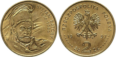 Польша 2 злотых 1997 MW, Стефан Баторий (1575-1586) KM 350 нордик  UNC 1526-133