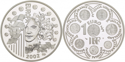 Франция 1 1/2 евро 2002 введение евро KM 1301 серебро PROOF 11-177-15