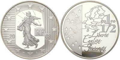 Франция 1 1/2 евро 2003 сеятель, евросоюз, в оригинальной коробке KM 2003 серебро  PROOF  3-4-6-03