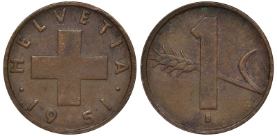 Швейцария 1 раппен 1951 в KM 46 бронза 4124-526