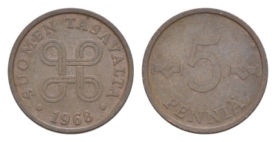 Финляндия 5 пенни 1968 KM 45 медь 4647-258