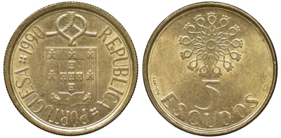 Португалия 5 эскудо 1990 KM 632 никель латунь 4142-1124