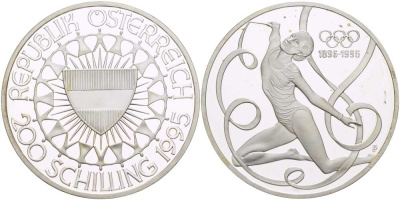 Австрия 200 шиллингов 1995 100 лет Олимпийским играм, гимнастика KM 3027 серебро PROOF 1085-6-33