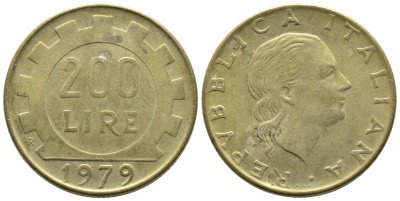 Италия 200 лир 1979 R, шестерня KM 105 алюминиевая бронза 93-617