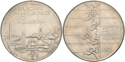 Финляндия 10 марок 1971 S-H, X Чемпионат Европы по легкой атлетике, в оригинальной упаковке, сертификат KM 52 серебро UNC 1518-213