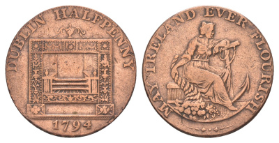 Ирландия, Дублин 1/2 пенни 1794 Уильям Паркер - торговец скобяными изделиями, редкая разновидность, надпись на гурте - PAYABLE IN LANCASTER LONDON OR BRISTOL, токен Dalton & Hamer 351b серебро 3711-642