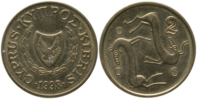 Кипр 2 цента 1998 KM 54.3 никель латунь 4158-464