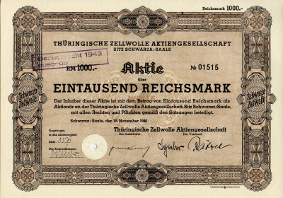Германия 1000 рейхсмарок 1940 Тюрингская компания по производству целлюлозы, Шварца, Заале, акция   бумага   8803-123-1