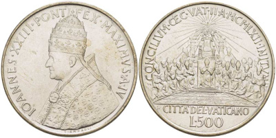 Ватикан 500 лир 1962 IV год, Иоанн XXIII (1958-1963), второй вселенский собор KM 74 серебро    4512-836