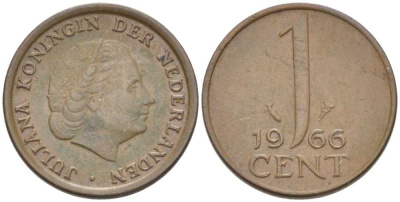 НИДЕРЛАНДЫ 1 ЦЕНТ 1966 ЮЛИАНА (1948-1980) KM 180 бронза 214-1034