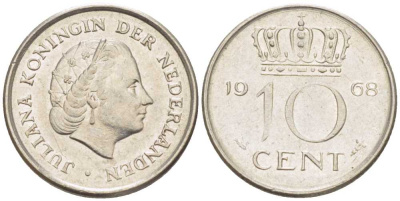 НИДЕРЛАНДЫ 10 ЦЕНТОВ 1968 ЮЛИАНА (1948-1980) KM 182 никель 214-1234
