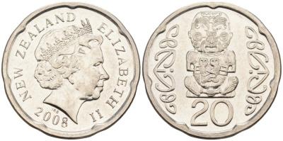 Новая Зеландия 20 центов 2008 Елизавета II (1952-2022), идол Пукаки KM 118а никелированная сталь 4579-1217
