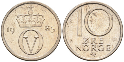 Норвегия 10 эре 1985 Улаф V (1958-1991) KM 416 медно-никель 4580-1018