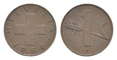 Швейцария 1 раппен 1959 B KM 46 бронза 3458-629