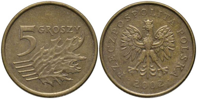 Польша 5 грошей 2002 MW KM 278 латунь 201-429