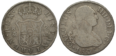 Испания 2 реала 1808 M AL, мондвор (Мадрид), Карлос IIII (1788-1808) KM 430.1 ( C69.1) серебро 650-835