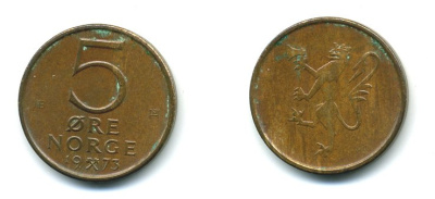 Норвегия 5 эре 1973 Улаф V (1958-1991) ​KM 415 бронза 4364-923
