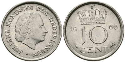 НИДЕРЛАНДЫ 10 ЦЕНТОВ 1966 ЮЛИАНА KM 182 никель 96-366
