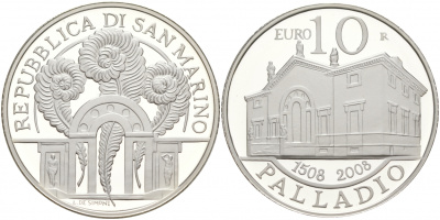 Сан-Марино 10 евро 2008 500 лет Андреа Палладио KM 514 серебро PROOF 1074-10-42